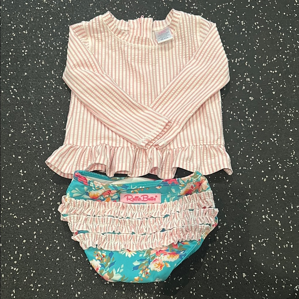 Ruffle Butts Pink and Blue Swim Diaper Covers with Ruffles
